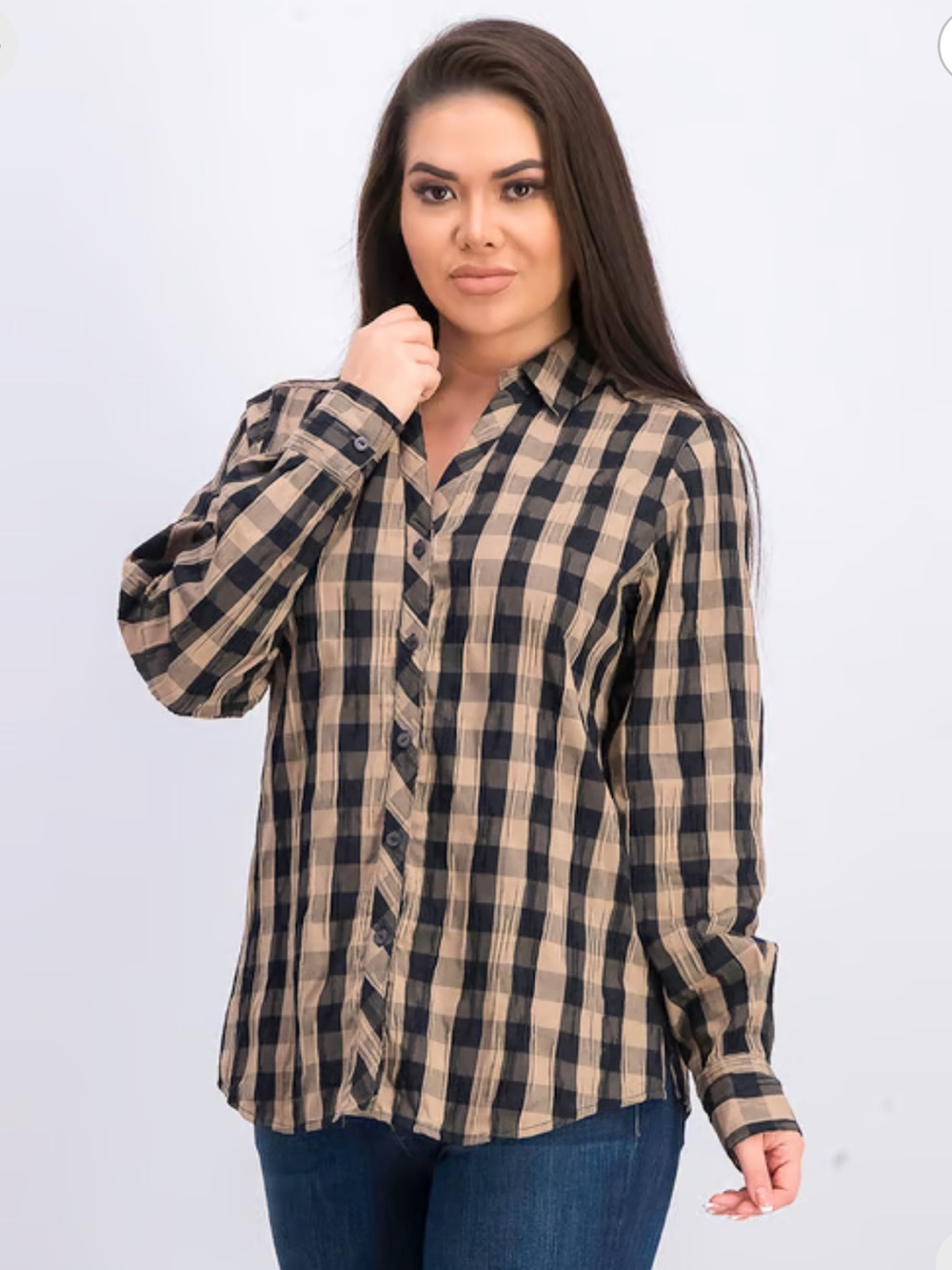 Foxcroft Mary Crinkle Brown Gingham Cotton Long Sleeve Blouse Top  Size 10  New